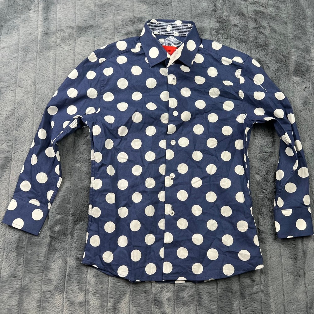 Elie Balleh Milano Italy Navy White Polka Dot Cotton Button Down Shirt Size 8